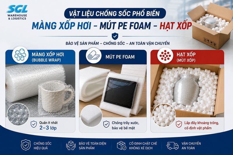 Vật liệu chống sốc phổ biến: Màng xốp hơi, mút PE foam, hạt xốp