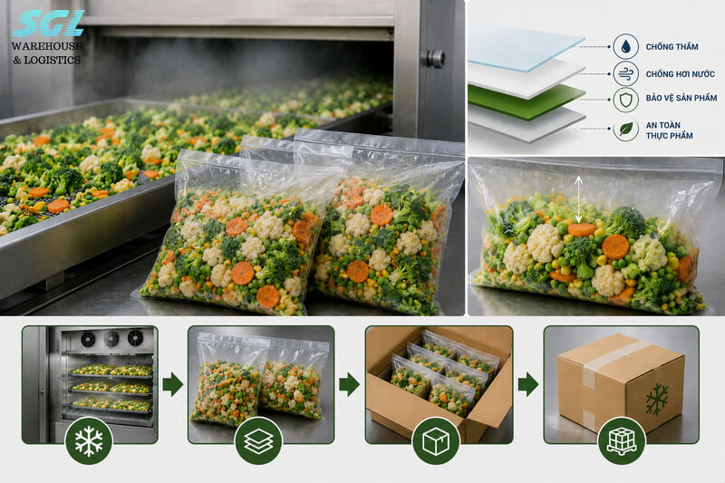 Cách đóng gói  rau củ quả cấp đông đẻ lưu kho